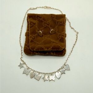 Auth. Gucci 9 charm sterling silver necklace with Gucci heart stud earrings